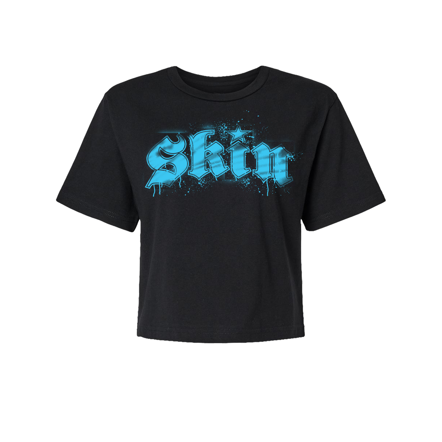 Womens Boxy Crop S/S Tee - Stencilla (Black w/ Florescent Blue)
