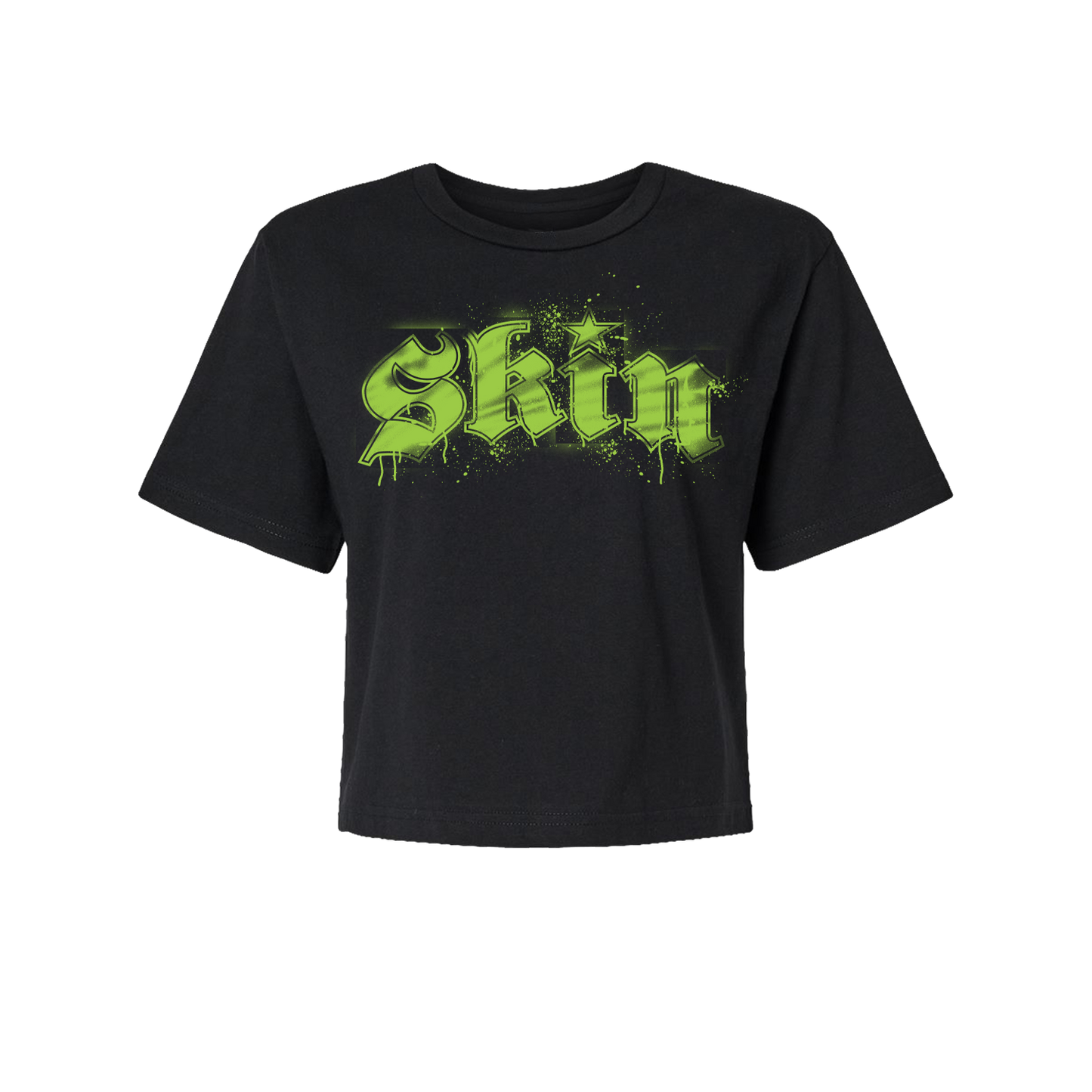 Womens Boxy Crop S/S Tee - Stencilla (Black w/Florescent Green)