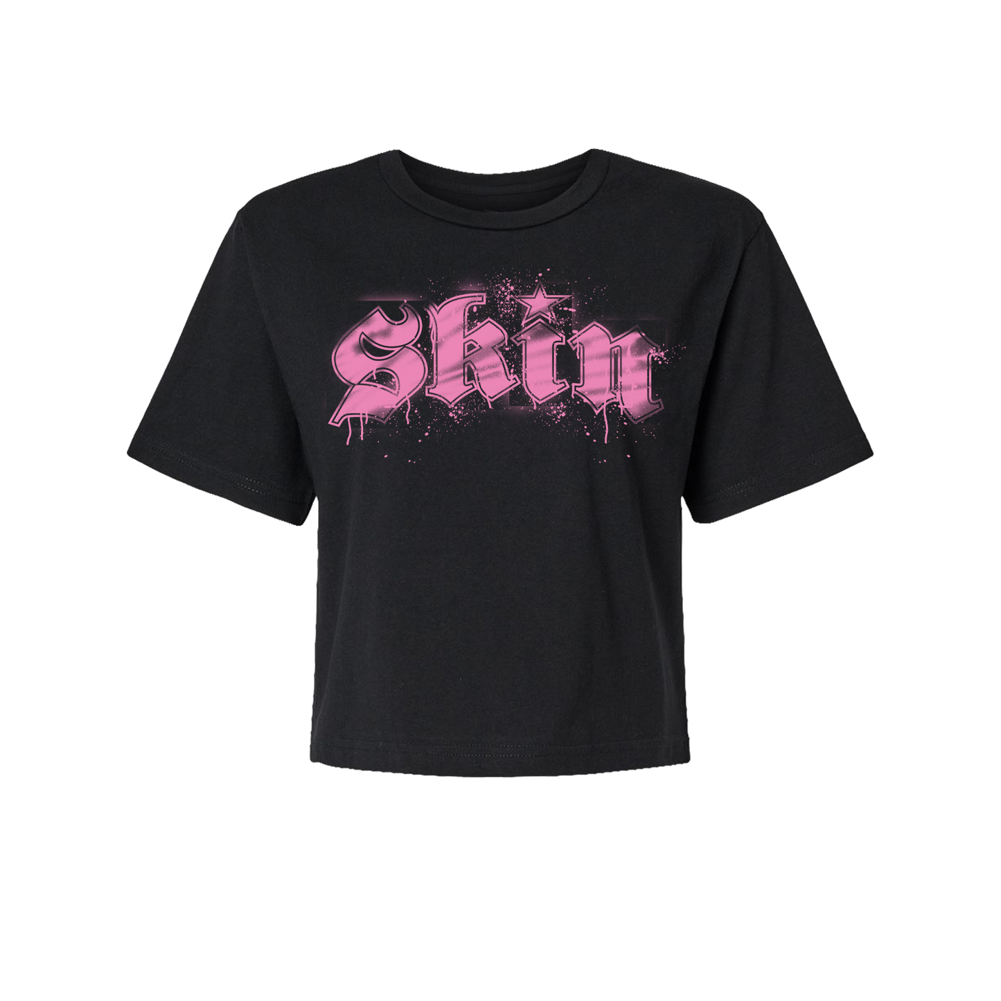 Womens Boxy Crop S/S Tee - Stencilla (Black w/ Florescent Pink)