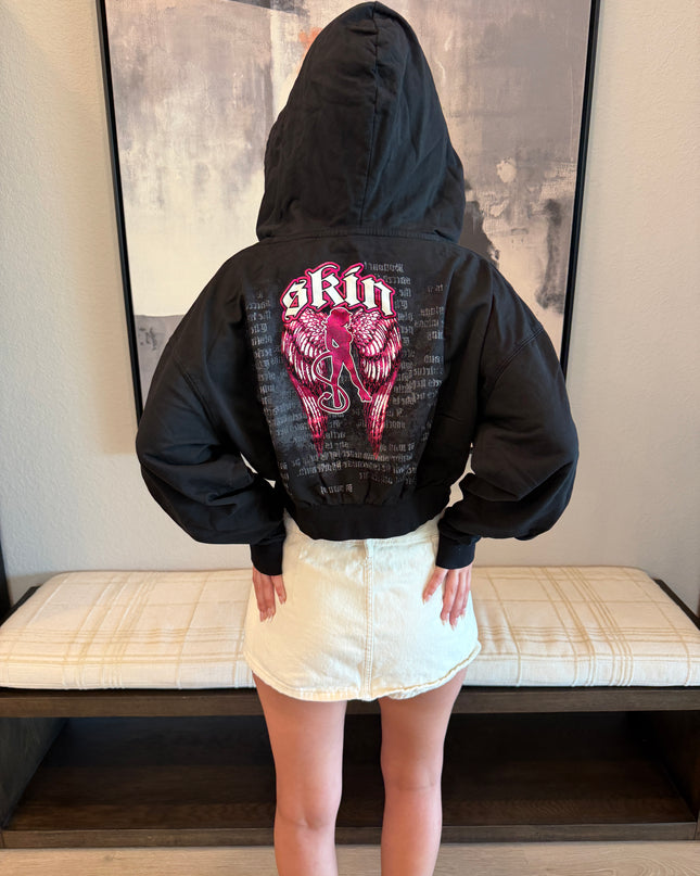 Women's Zip Crop Hoodie | WINGED - Black