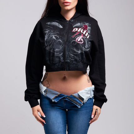 Womens Crop Zip Hoodie | WINGED - Black