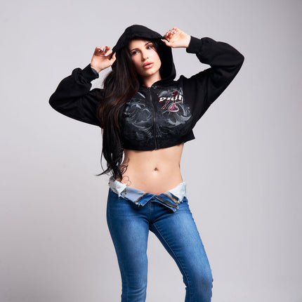 Womens Crop Zip Hoodie | WINGED - Black