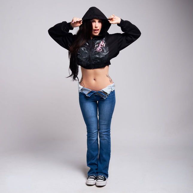 Womens Crop Zip Hoodie | WINGED - Black
