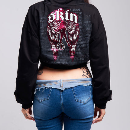 Womens Crop Zip Hoodie | WINGED - Black