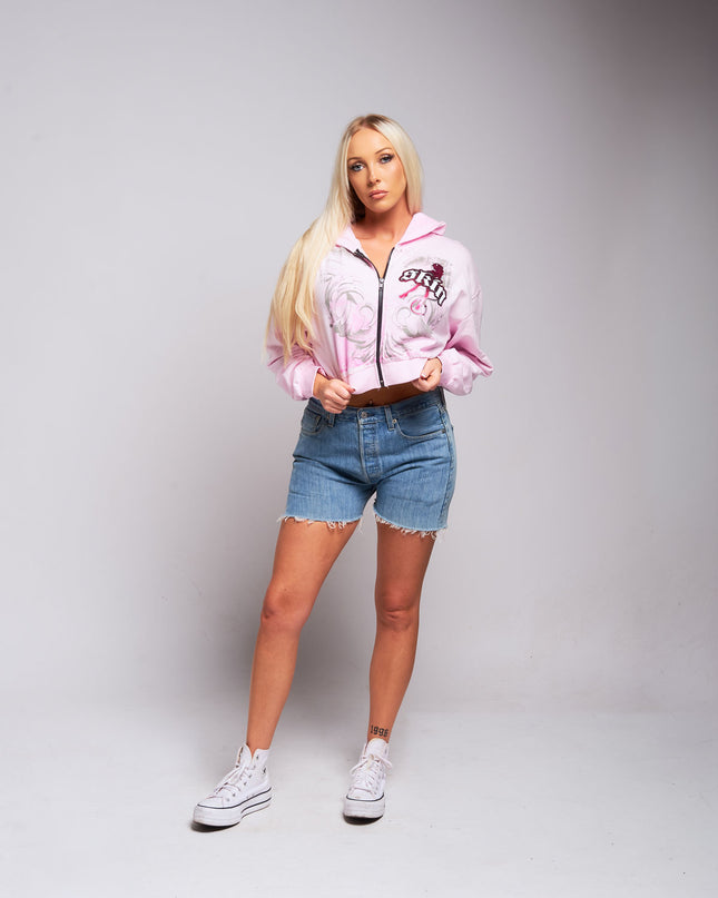 Women's Zip Crop Hoodie | WINGED - Pink