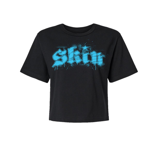 Womens Boxy Crop S/S Tee  - Stencilla (Black w/ Florescent  Blue)