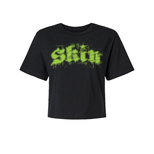 Womens Boxy Crop S/S Tee  - Stencilla (Black w/Florescent Green)