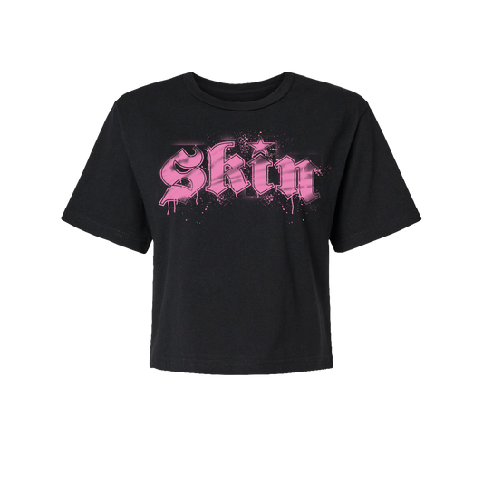 Womens Boxy Crop S/S Tee  - Stencilla (Black w/ Florescent Pink)