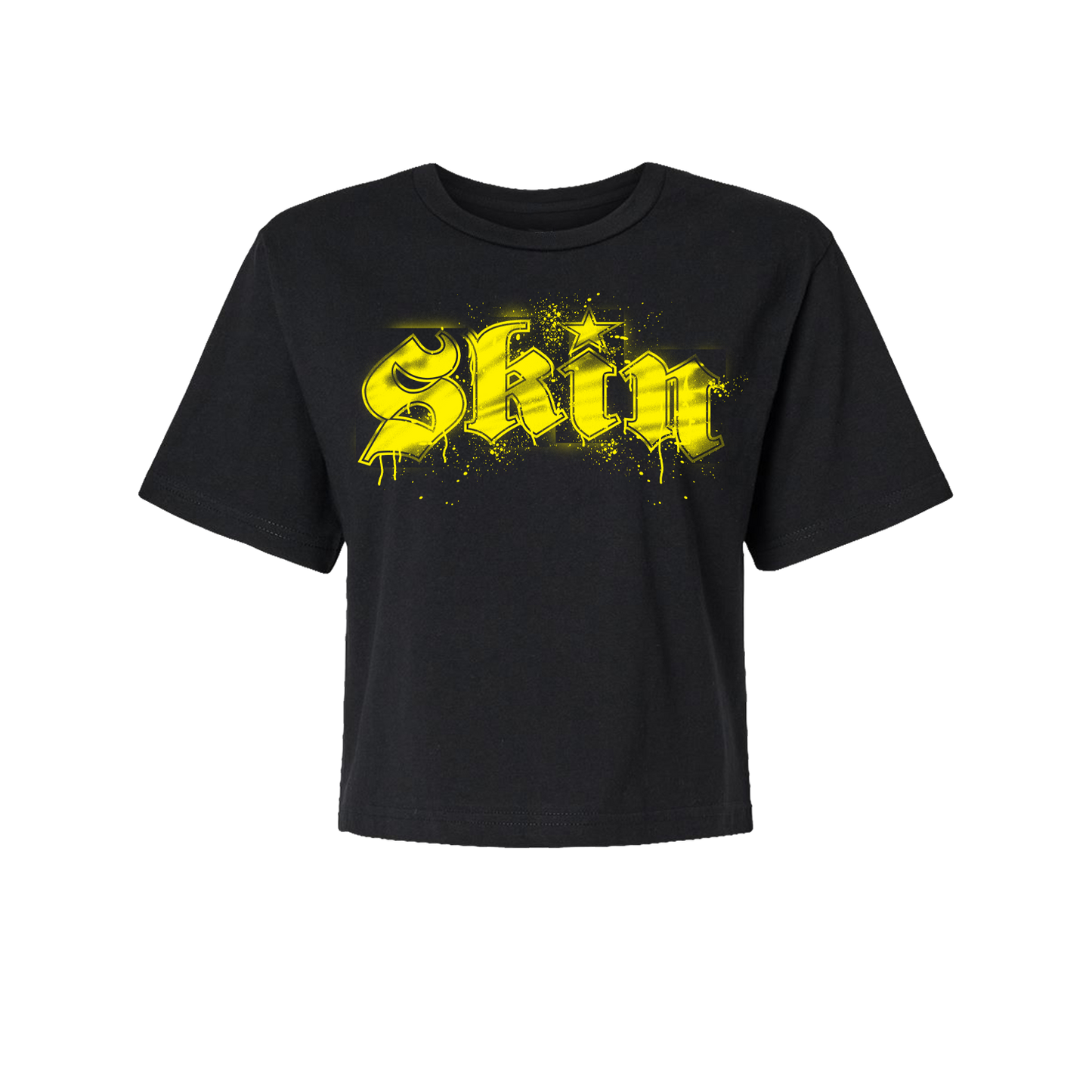 Womens Boxy Crop S/S Tee  - Stencilla (Black w/Florescent Yellow)