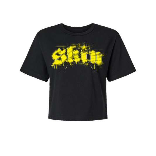 Womens Boxy Crop S/S Tee  - Stencilla (Black w/Florescent Yellow)